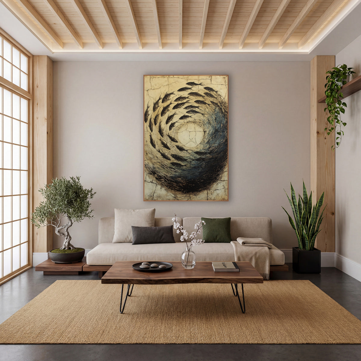 Circling Fish Swirl Japandi wall art in a calm Japandi-style room – dark fish swimming in a spiral around a pale