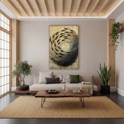 Circling Fish Swirl Japandi wall art in a calm Japandi-style room – dark fish swimming in a spiral around a pale