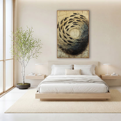 Circling Fish Swirl Japandi wall art in a calm Japandi-style room – dark fish swimming in a spiral around a pale