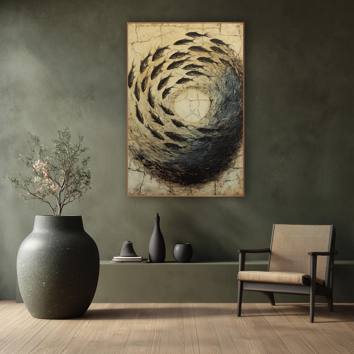 Circling Fish Swirl Japandi wall art in a calm Japandi-style room – dark fish swimming in a spiral around a pale
