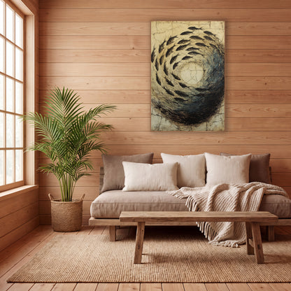 Circling Fish Swirl Japandi wall art in a calm Japandi-style room – dark fish swimming in a spiral around a pale