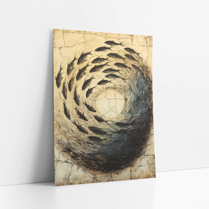 Circling Fish Swirl Japandi art print leaning against a white wall – dark fish swimming in a spiral around a pale center