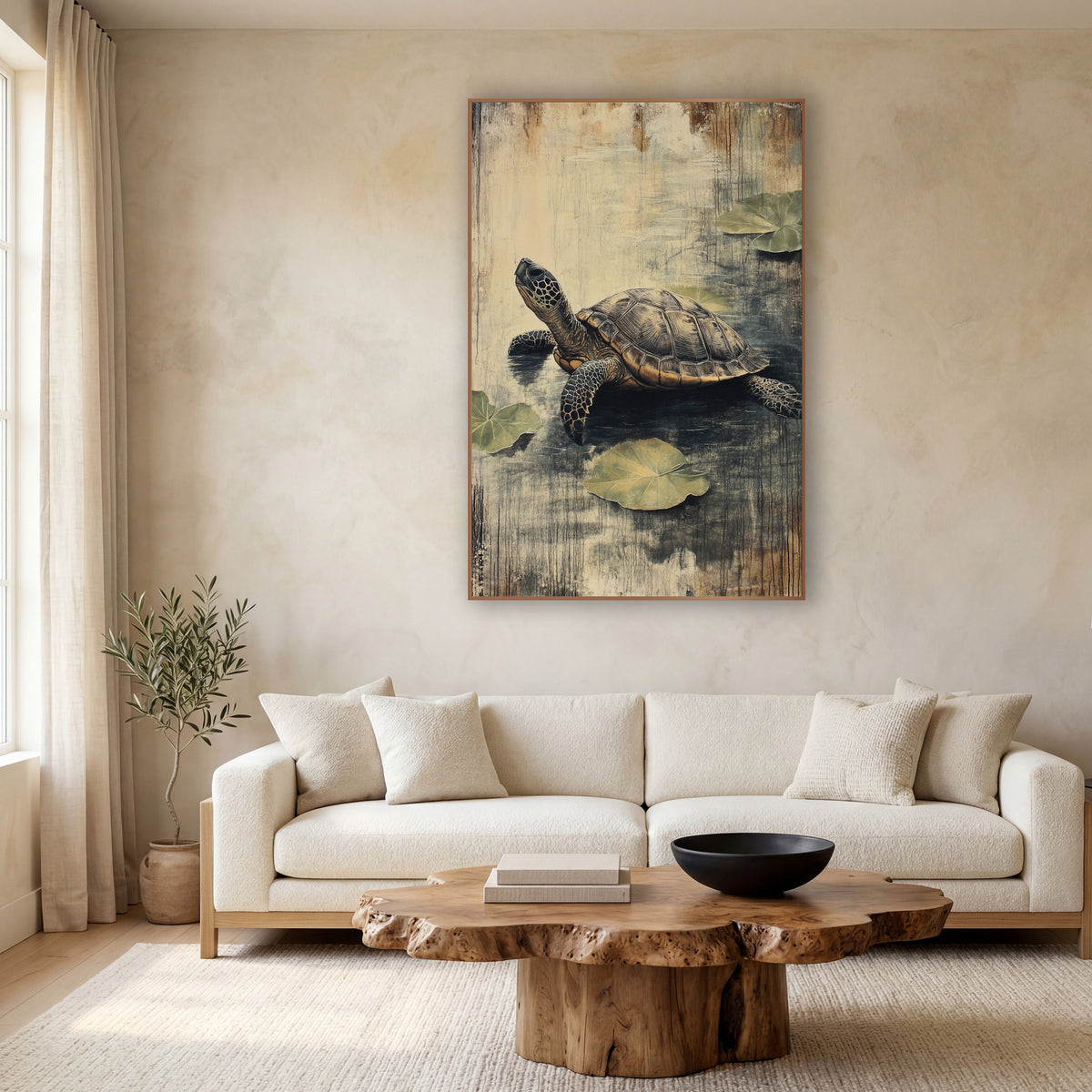 Quiet Turtle Lily Pad Japandi wall art in a calm Japandi-style room – turtle with a patterned shell on dark water