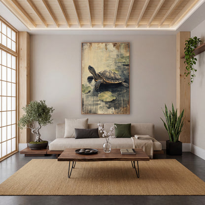 Quiet Turtle Lily Pad Japandi wall art in a calm Japandi-style room – turtle with a patterned shell on dark water
