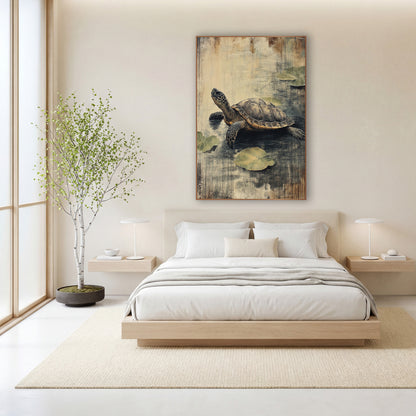 Quiet Turtle Lily Pad Japandi wall art in a calm Japandi-style room – turtle with a patterned shell on dark water