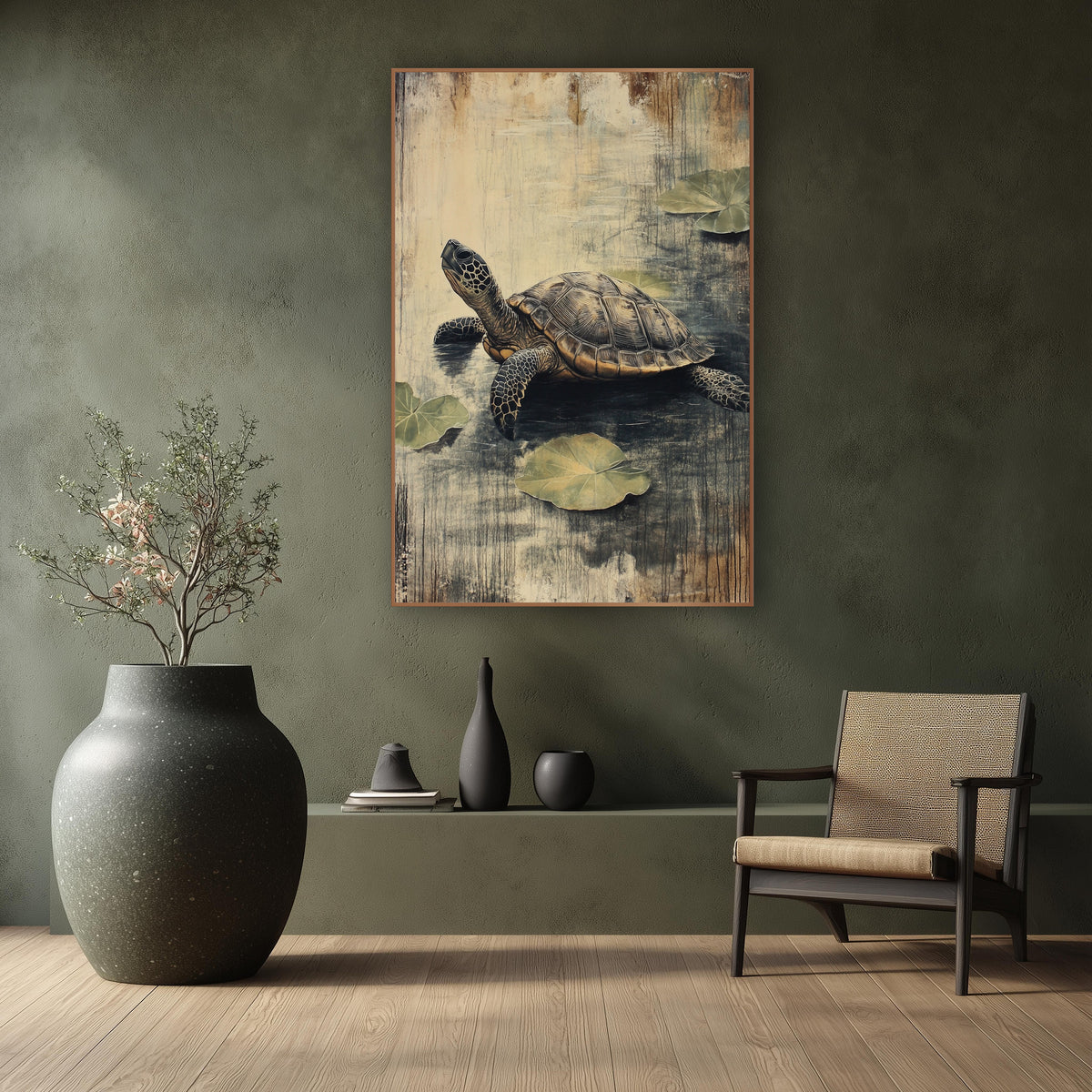 Quiet Turtle Lily Pad Japandi wall art in a calm Japandi-style room – turtle with a patterned shell on dark water