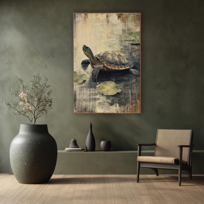 Quiet Turtle Lily Pad Japandi wall art in a calm Japandi-style room – turtle with a patterned shell on dark water