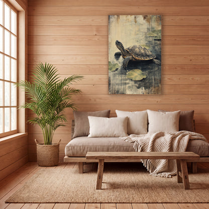 Quiet Turtle Lily Pad Japandi wall art in a calm Japandi-style room – turtle with a patterned shell on dark water