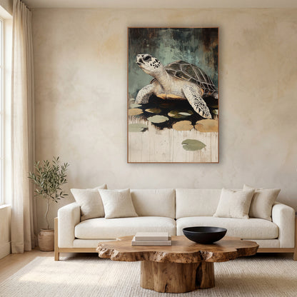 Sea Turtle Lily Pad Japandi wall art in a calm Japandi-style room – sea turtle with spotted flippers beside floating