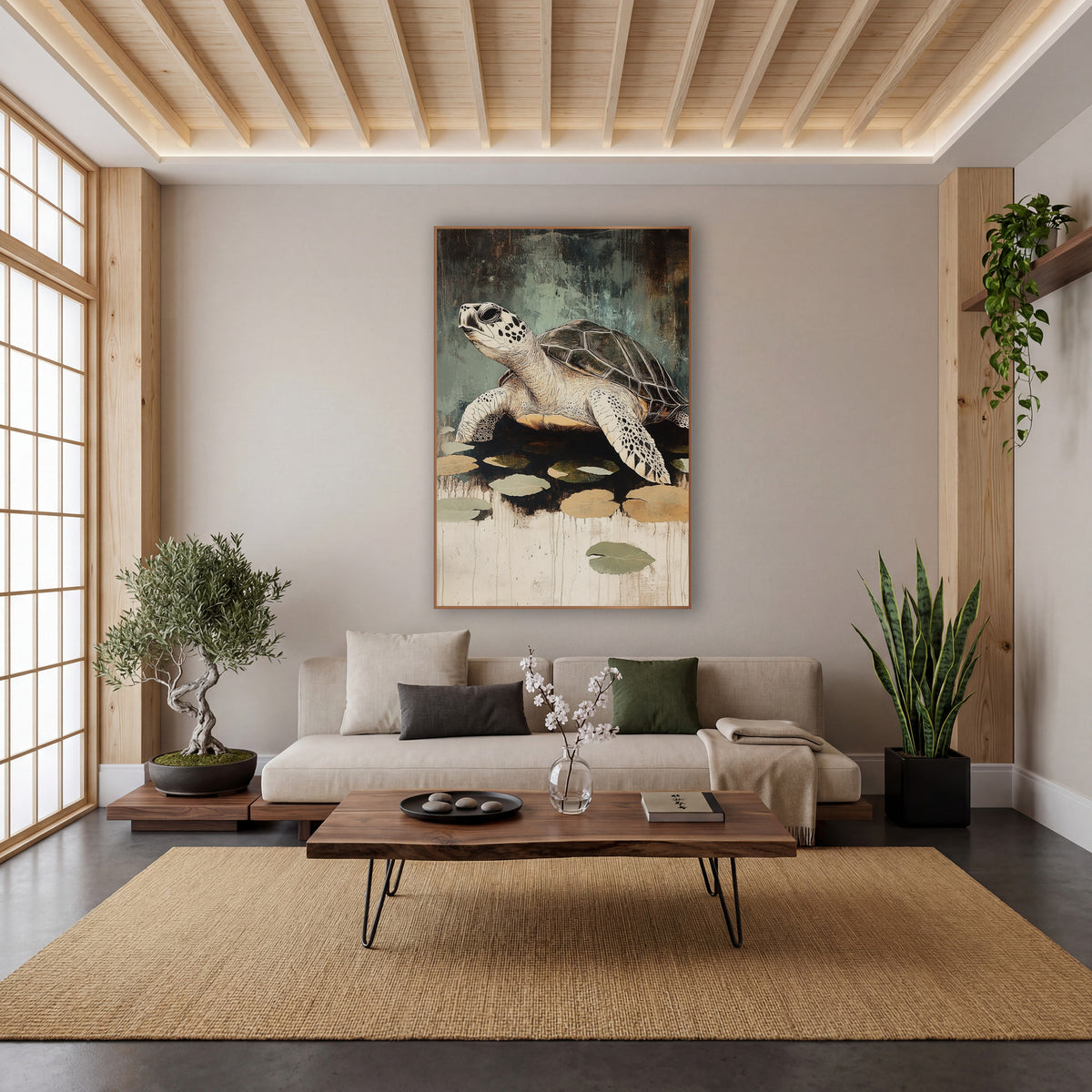 Sea Turtle Lily Pad Japandi wall art in a calm Japandi-style room – sea turtle with spotted flippers beside floating