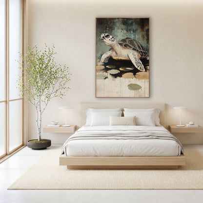 Sea Turtle Lily Pad Japandi wall art in a calm Japandi-style room – sea turtle with spotted flippers beside floating