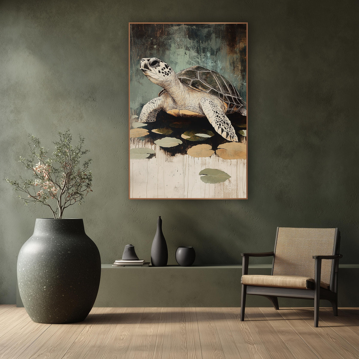 Sea Turtle Lily Pad Japandi wall art in a calm Japandi-style room – sea turtle with spotted flippers beside floating