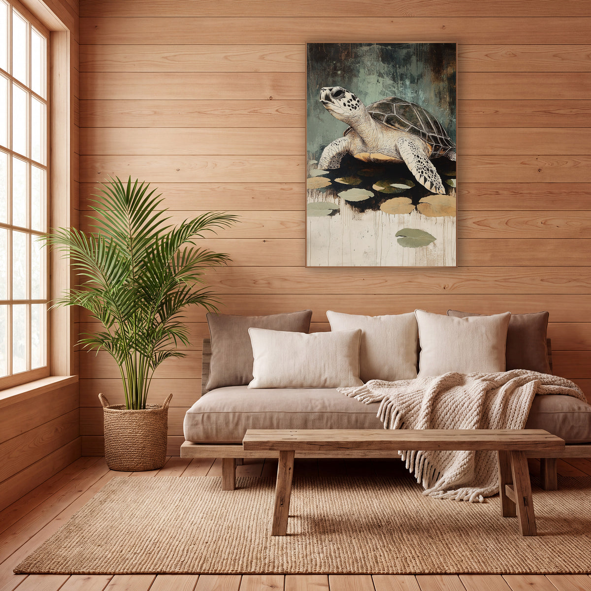 Sea Turtle Lily Pad Japandi wall art in a calm Japandi-style room – sea turtle with spotted flippers beside floating