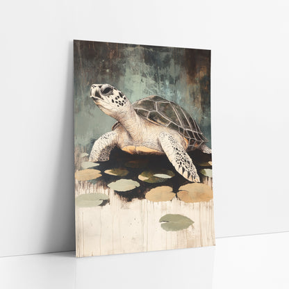 Sea Turtle Lily Pad Japandi art print leaning against a white wall – sea turtle with spotted flippers beside floating lily