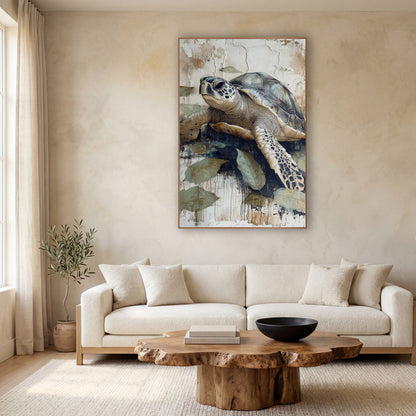 Sea Turtle Leaf Japandi Coastal wall art in a calm Japandi-style room – sea turtle with slate blue shell and spotted