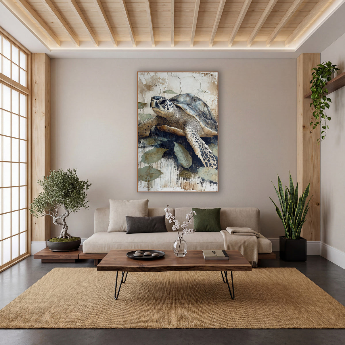 Sea Turtle Leaf Japandi Coastal wall art in a calm Japandi-style room – sea turtle with slate blue shell and spotted