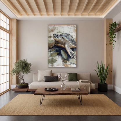 Sea Turtle Leaf Japandi Coastal wall art in a calm Japandi-style room – sea turtle with slate blue shell and spotted
