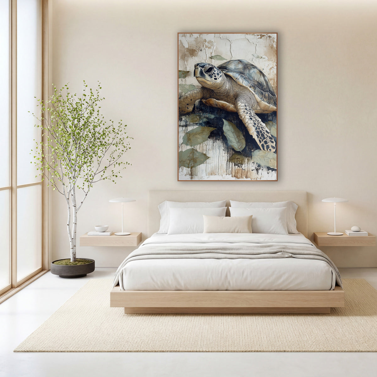 Sea Turtle Leaf Japandi Coastal wall art in a calm Japandi-style room – sea turtle with slate blue shell and spotted