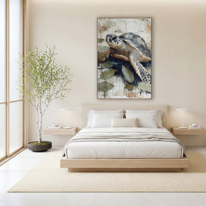Sea Turtle Leaf Japandi Coastal wall art in a calm Japandi-style room – sea turtle with slate blue shell and spotted