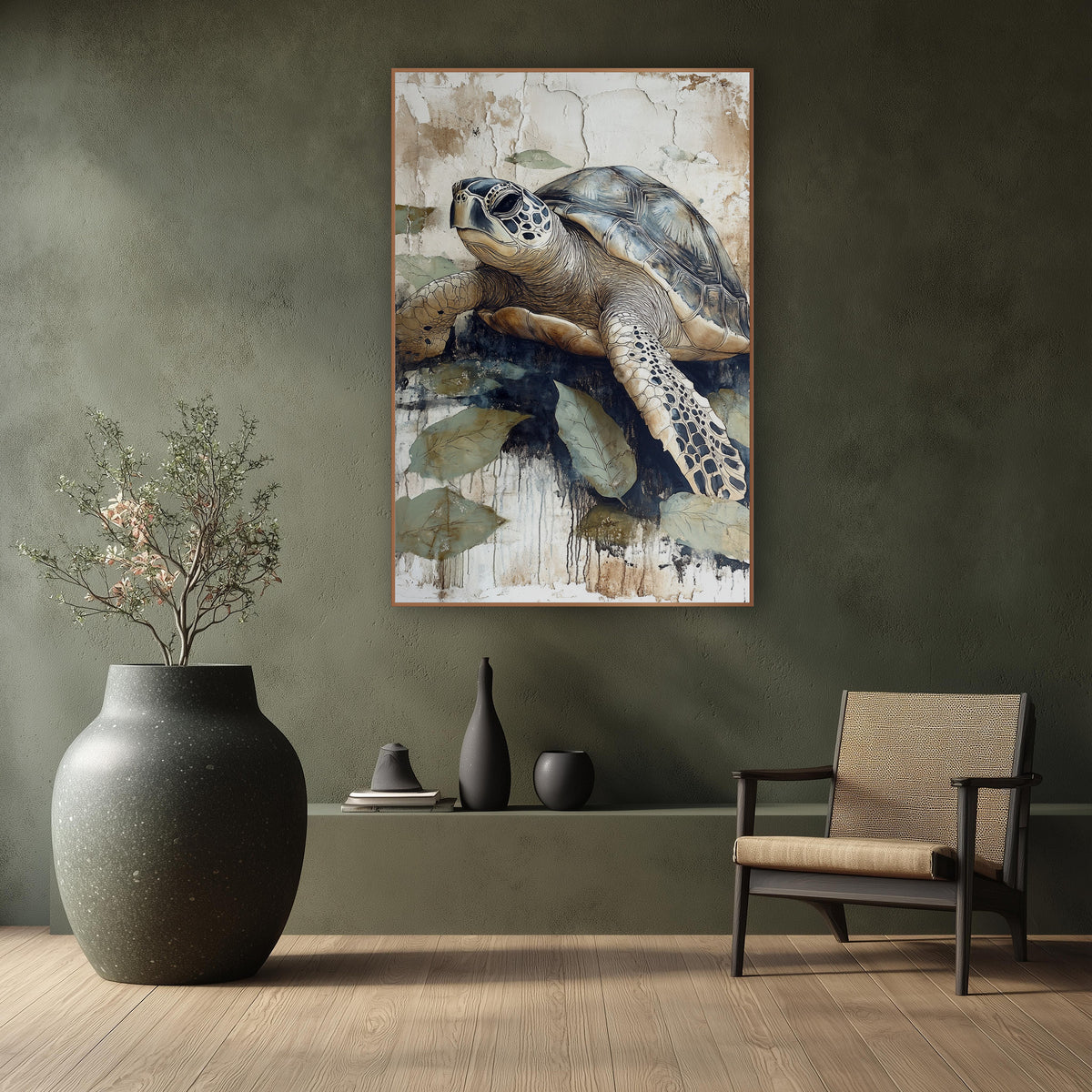 Sea Turtle Leaf Japandi Coastal wall art in a calm Japandi-style room – sea turtle with slate blue shell and spotted