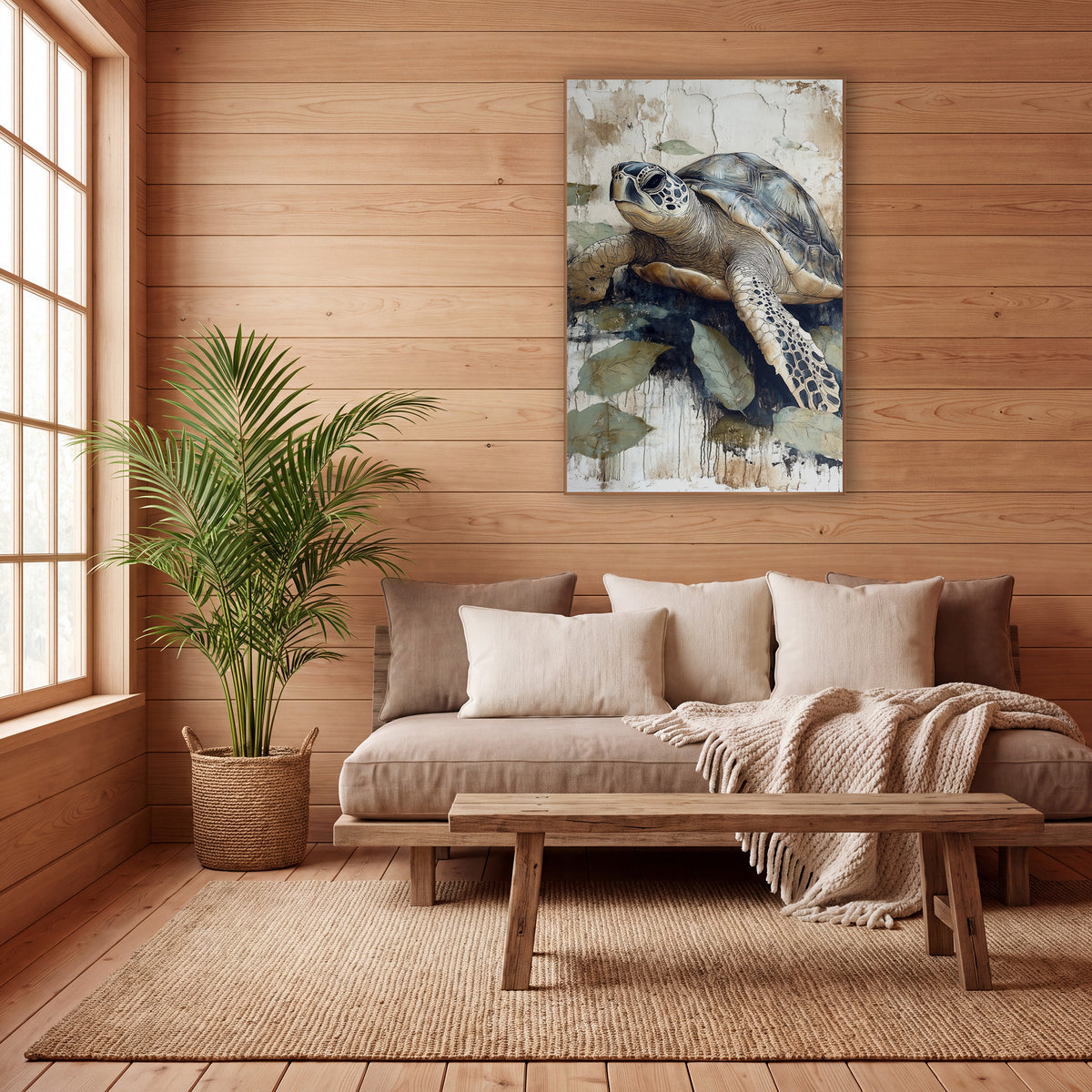 Sea Turtle Leaf Japandi Coastal wall art in a calm Japandi-style room – sea turtle with slate blue shell and spotted