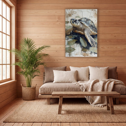 Sea Turtle Leaf Japandi Coastal wall art in a calm Japandi-style room – sea turtle with slate blue shell and spotted