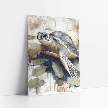 Sea Turtle Leaf Japandi Coastal art print leaning against a white wall – sea turtle with slate blue shell and spotted