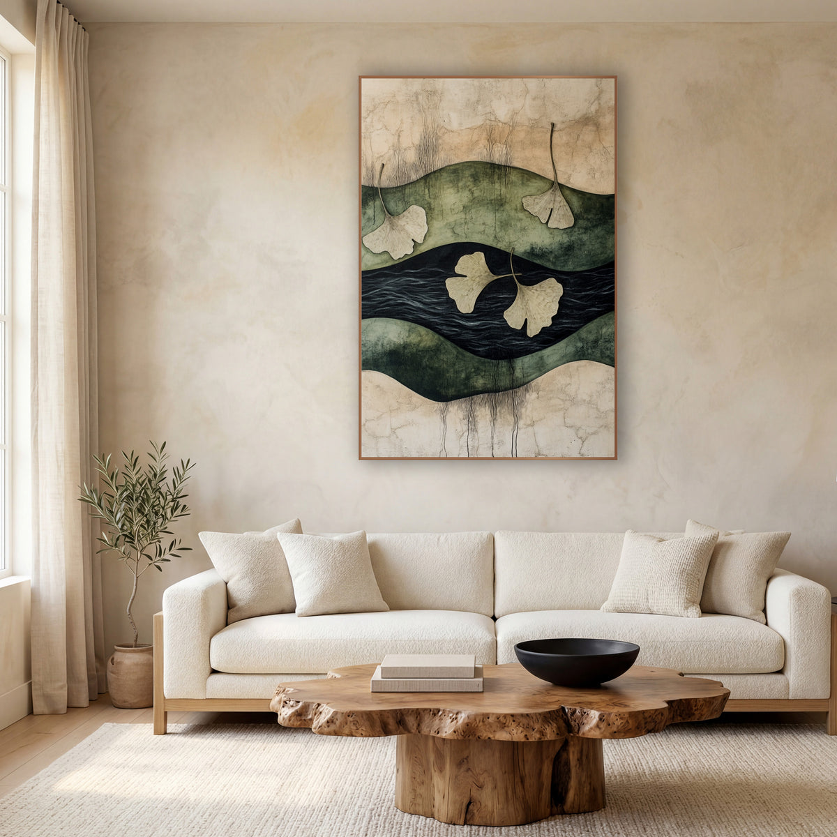 Ginkgo Leaves Over Dark Water Japandi wall art in a calm Japandi-style room – four cream ginkgo leaves drifting across