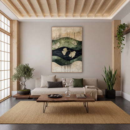 Ginkgo Leaves Over Dark Water Japandi wall art in a calm Japandi-style room – four cream ginkgo leaves drifting across