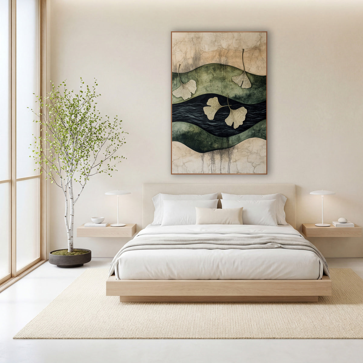 Ginkgo Leaves Over Dark Water Japandi wall art in a calm Japandi-style room – four cream ginkgo leaves drifting across