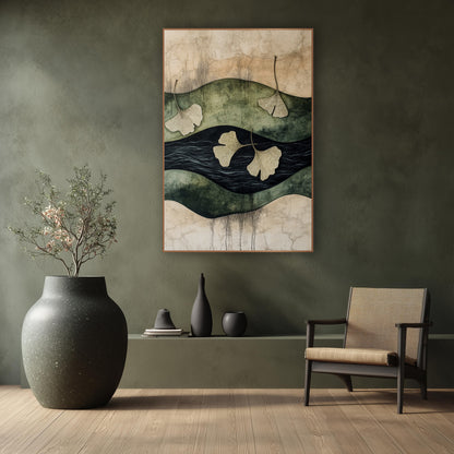 Ginkgo Leaves Over Dark Water Japandi wall art in a calm Japandi-style room – four cream ginkgo leaves drifting across