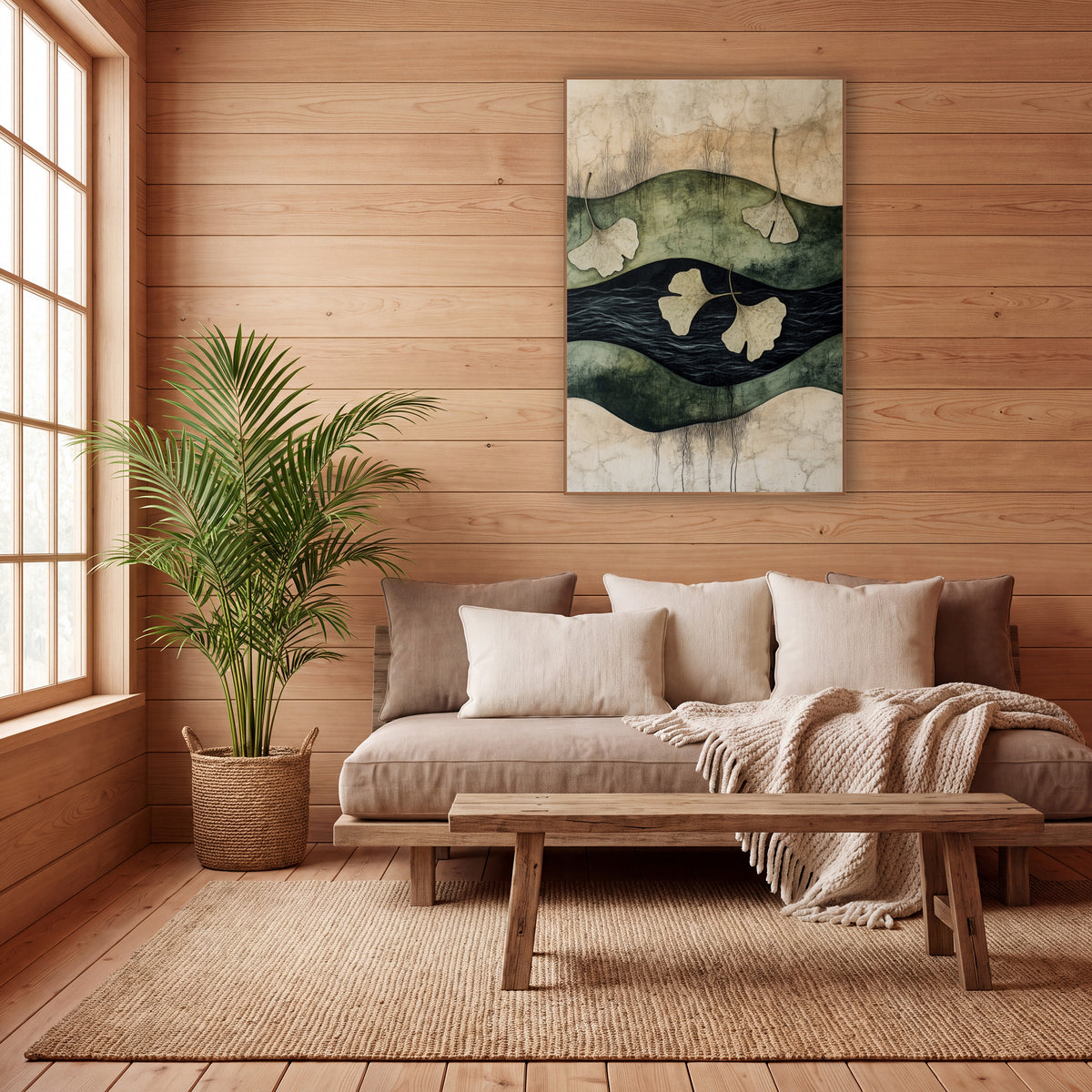 Ginkgo Leaves Over Dark Water Japandi wall art in a calm Japandi-style room – four cream ginkgo leaves drifting across