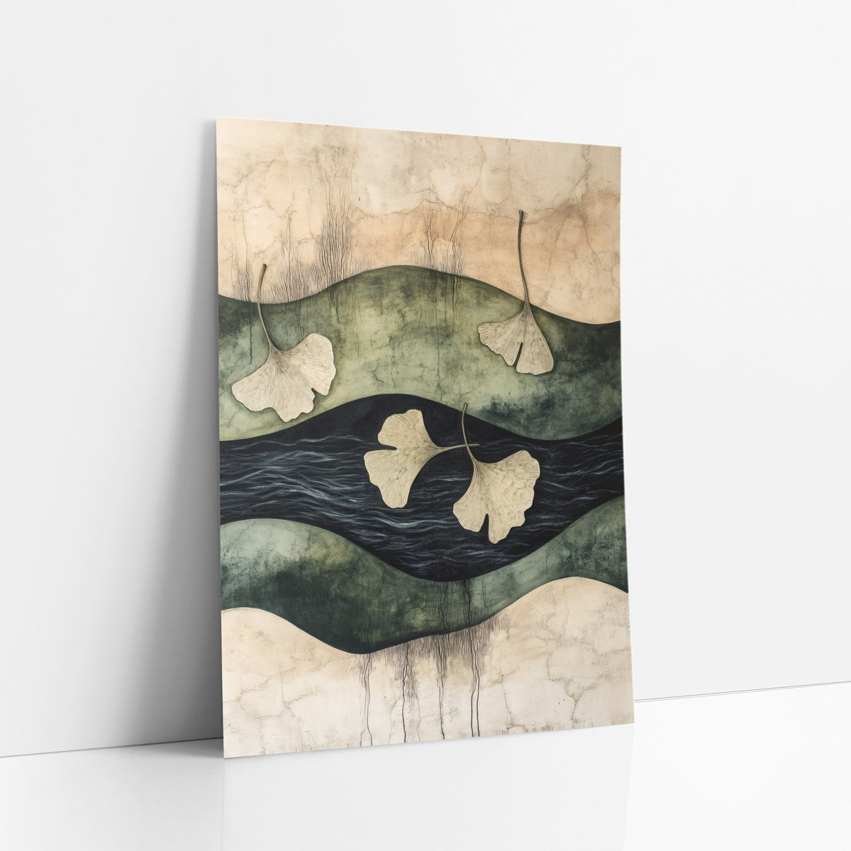 Ginkgo Leaves Over Dark Water Japandi art print leaning against a white wall – four cream ginkgo leaves drifting across wavy