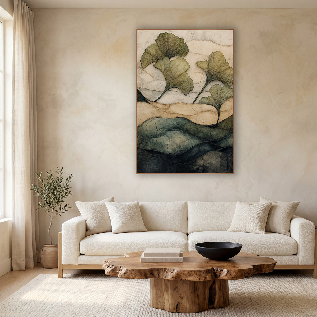 Four Ginkgo Leaves Cracked Hills Japandi wall art in a calm Japandi-style room – four olive-green ginkgo leaves float