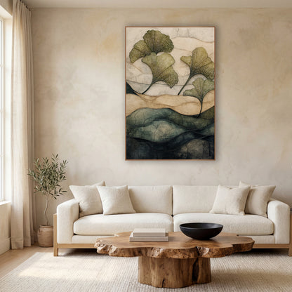 Four Ginkgo Leaves Cracked Hills Japandi wall art in a calm Japandi-style room – four olive-green ginkgo leaves float