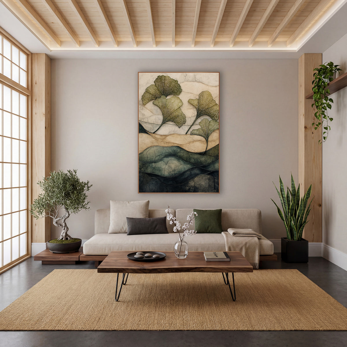 Four Ginkgo Leaves Cracked Hills Japandi wall art in a calm Japandi-style room – four olive-green ginkgo leaves float