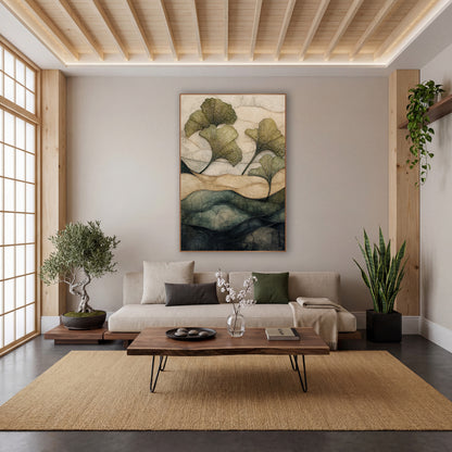 Four Ginkgo Leaves Cracked Hills Japandi wall art in a calm Japandi-style room – four olive-green ginkgo leaves float