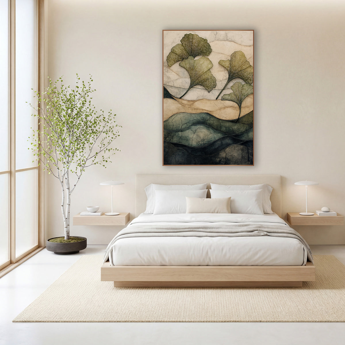 Four Ginkgo Leaves Cracked Hills Japandi wall art in a calm Japandi-style room – four olive-green ginkgo leaves float