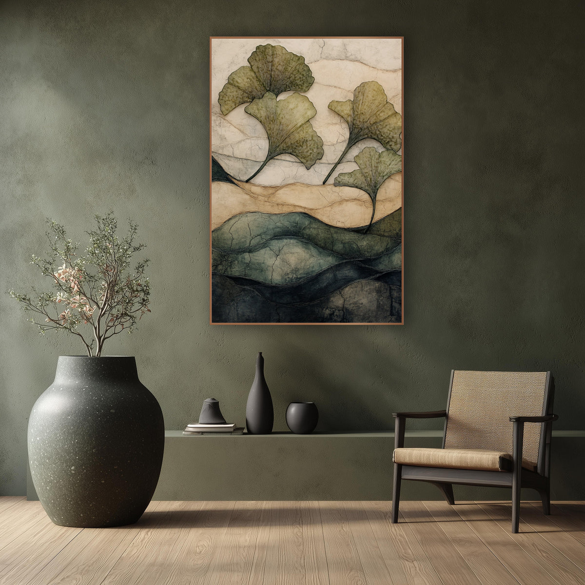 Four Ginkgo Leaves Cracked Hills Japandi wall art in a calm Japandi-style room – four olive-green ginkgo leaves float