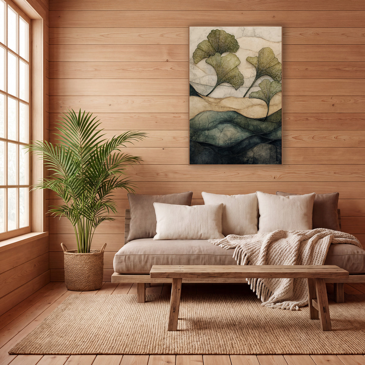 Four Ginkgo Leaves Cracked Hills Japandi wall art in a calm Japandi-style room – four olive-green ginkgo leaves float