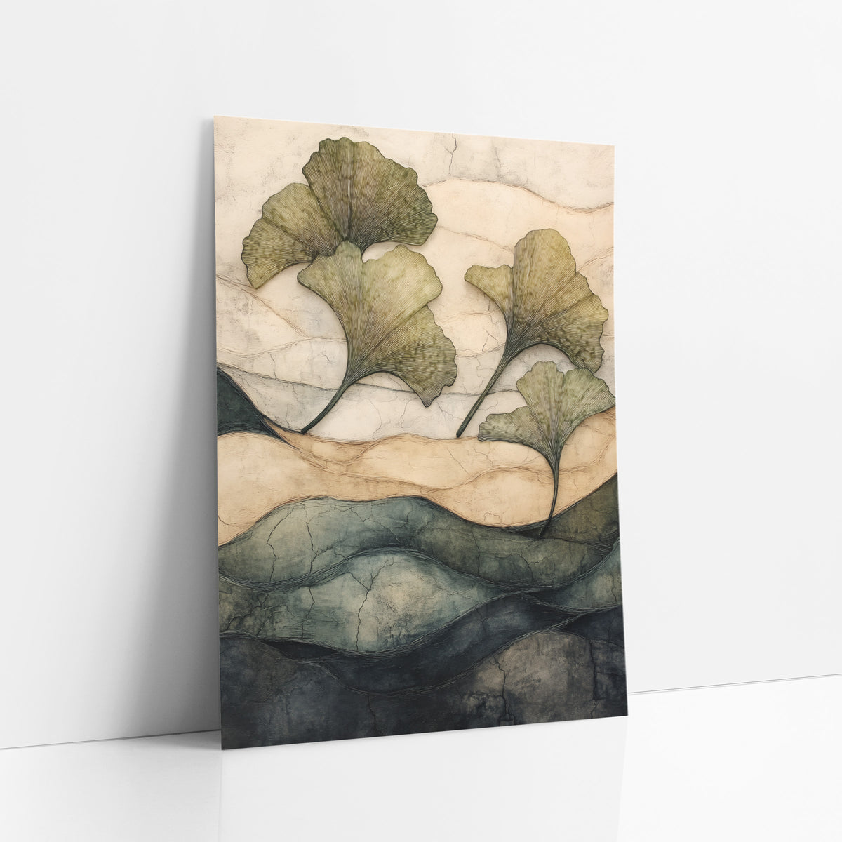 Four Ginkgo Leaves Cracked Hills Japandi art print leaning against a white wall – four olive-green ginkgo leaves float above