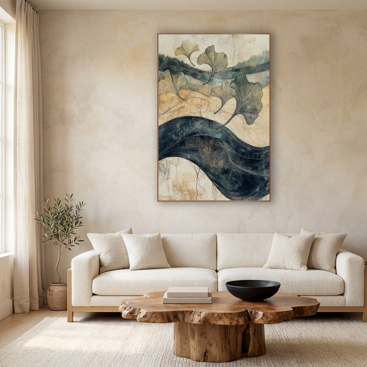 Five Ginkgo Leaves Indigo River Japandi wall art in a calm Japandi-style room – five ginkgo leaves drift over tan