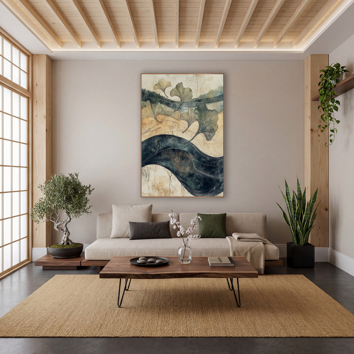 Five Ginkgo Leaves Indigo River Japandi wall art in a calm Japandi-style room – five ginkgo leaves drift over tan