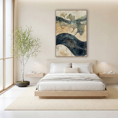 Five Ginkgo Leaves Indigo River Japandi wall art in a calm Japandi-style room – five ginkgo leaves drift over tan