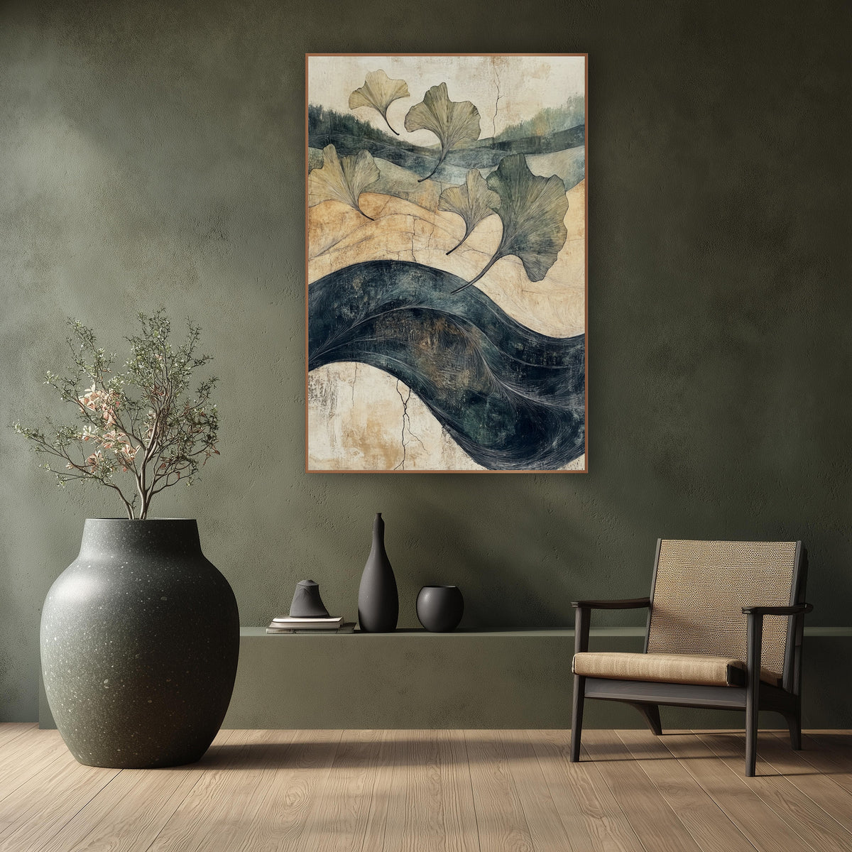 Five Ginkgo Leaves Indigo River Japandi wall art in a calm Japandi-style room – five ginkgo leaves drift over tan