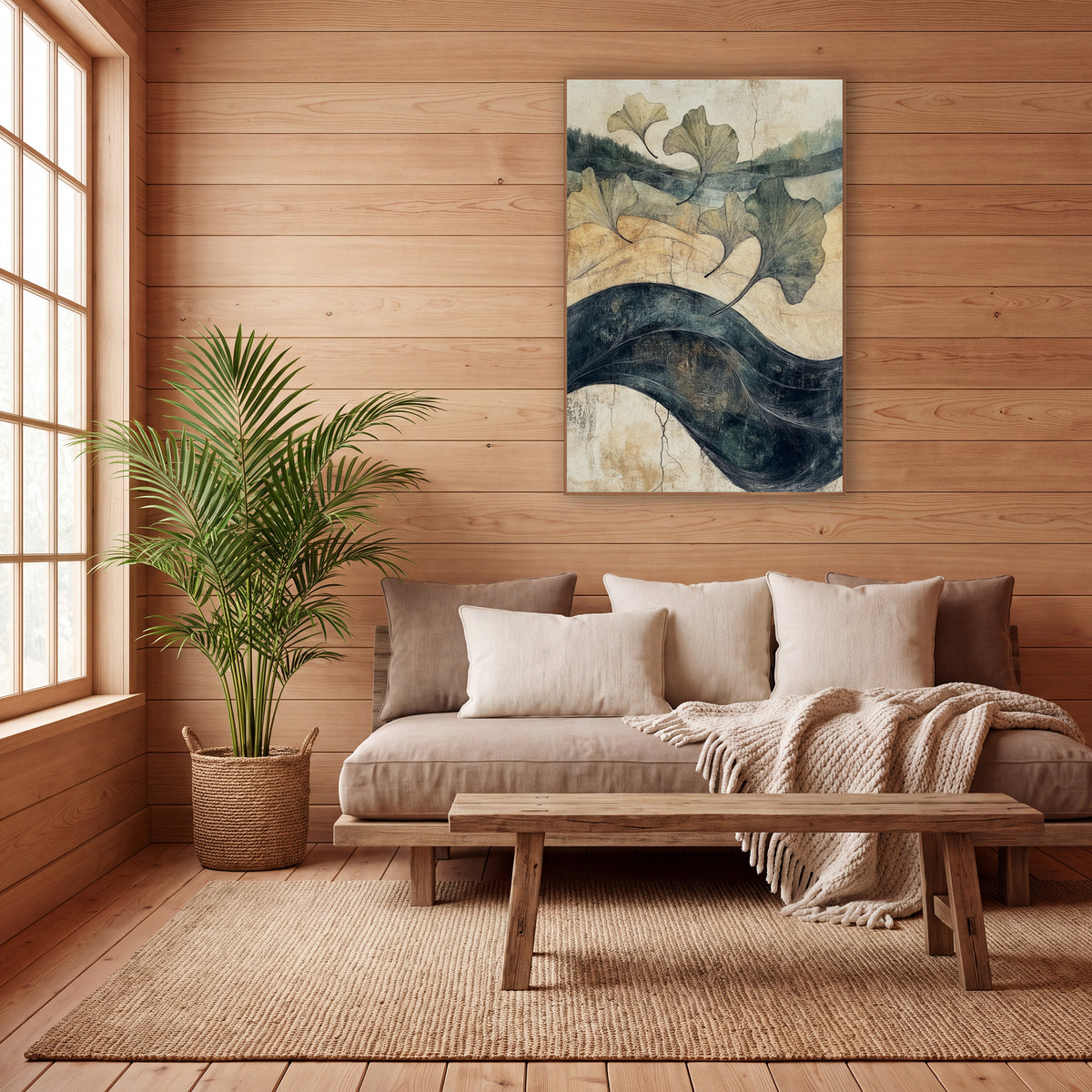 Five Ginkgo Leaves Indigo River Japandi wall art in a calm Japandi-style room – five ginkgo leaves drift over tan