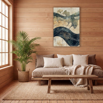 Five Ginkgo Leaves Indigo River Japandi wall art in a calm Japandi-style room – five ginkgo leaves drift over tan