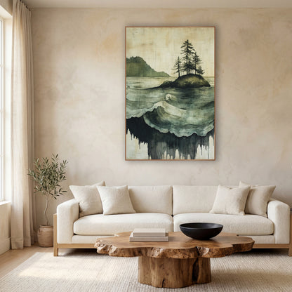 Evergreen Island Rolling Waves Japandi wall art in a calm Japandi-style room – seascape of a small rocky island