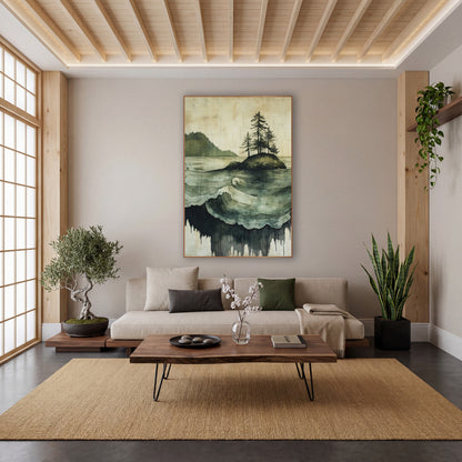 Evergreen Island Rolling Waves Japandi wall art in a calm Japandi-style room – seascape of a small rocky island
