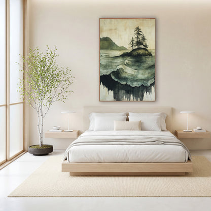 Evergreen Island Rolling Waves Japandi wall art in a calm Japandi-style room – seascape of a small rocky island